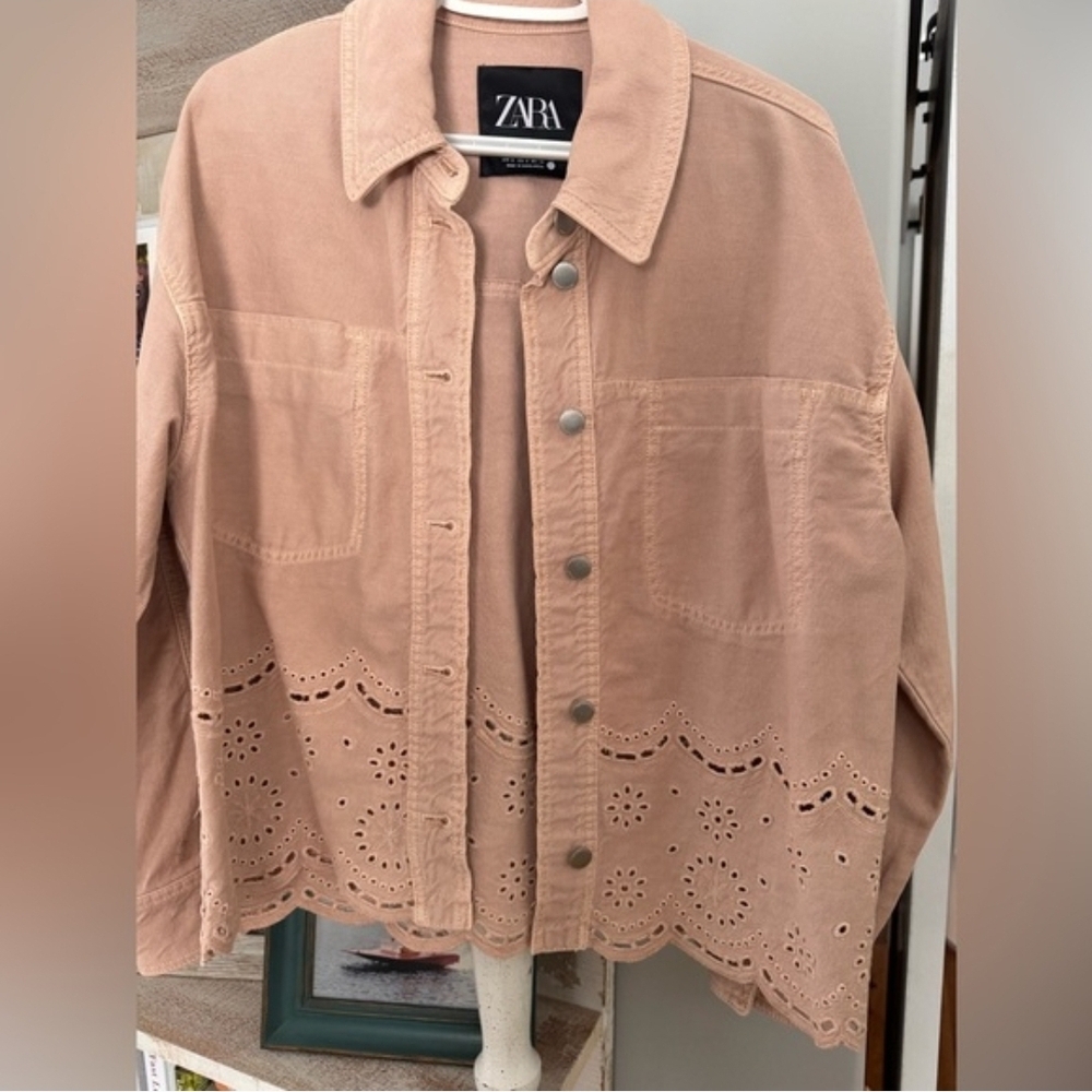 Zara Dusty Pink Eyelet Hem Jean Jacket